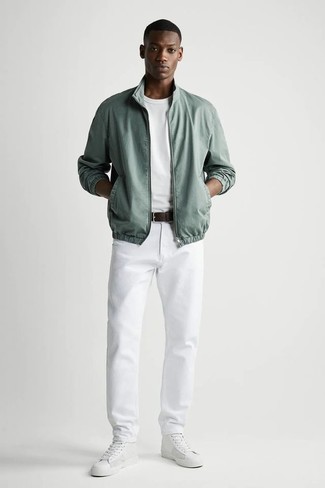 White Jeans Outfits For Men: Consider wearing a mint bomber jacket and white jeans to achieve a daily ensemble that's full of charm and character. Let your styling sensibilities really shine by complementing your outfit with a pair of white leather high top sneakers.