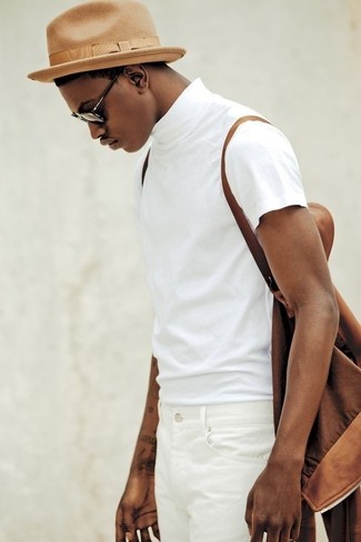 Men's Brown Bomber Jacket, White Crew-neck T-shirt, White Jeans, Brown Leather Backpack