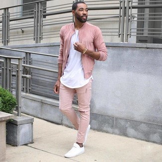 Men's Pink Bomber Jacket, White Crew-neck T-shirt, Pink Jeans, White Low Top Sneakers