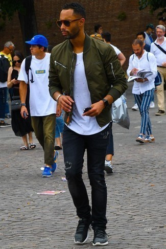 Men's Olive Bomber Jacket, White Crew-neck T-shirt, Black Ripped Jeans, Charcoal Athletic Shoes