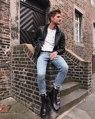Black Leather Bomber Jacket with Light Blue Jeans Outfits For Men: A pulled together pairing of a black leather bomber jacket and light blue jeans will set you apart in an instant. For shoes, you could take a more classic route with a pair of black leather casual boots.