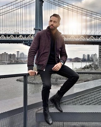 A burgundy bomber jacket looks so good when combined with black jeans. Add black leather chelsea boots to your look for an extra dose of style.