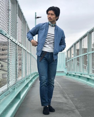 Blue Bomber Jacket Outfits For Men: The combo of a blue bomber jacket and navy jeans makes this a cool laid-back look. Get a little creative in the footwear department and introduce black suede oxford shoes to this ensemble.