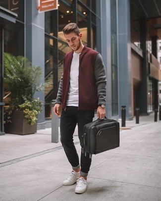 Men's Burgundy Bomber Jacket, White Crew-neck T-shirt, Black Jeans, White Leather Low Top Sneakers