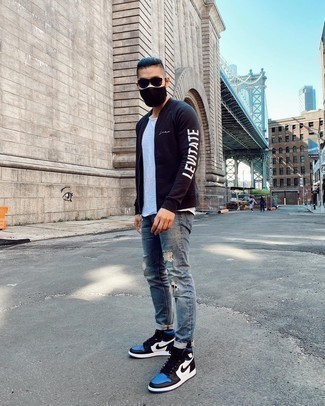 Navy Leather High Top Sneakers Outfits For Men: A navy bomber jacket and blue ripped jeans teamed together are a match made in heaven for men who love laid-back looks. Introduce navy leather high top sneakers to your ensemble et voila, the outfit is complete.