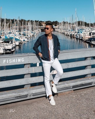 Men's Navy Bomber Jacket, White Crew-neck T-shirt, White Jeans, White Print Leather Low Top Sneakers