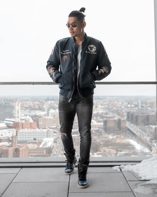 Men's Black Embroidered Bomber Jacket, White Crew-neck T-shirt, Charcoal Ripped Jeans, Black Leather High Top Sneakers