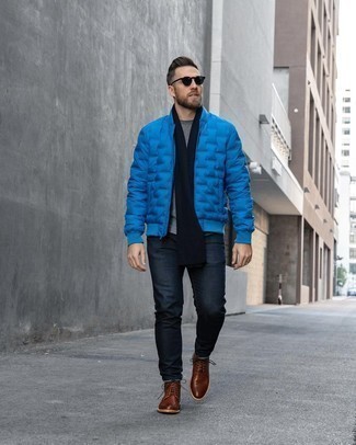 Aquamarine Bomber Jacket Outfits For Men: An aquamarine bomber jacket and navy jeans are bona fide menswear essentials if you're crafting a casual wardrobe that holds to the highest style standards. Balance your getup with a classier kind of footwear, like this pair of brown leather casual boots.