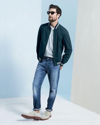 Charcoal Suede Derby Shoes Outfits: This combo of a teal bomber jacket and blue jeans is undeniable proof that a straightforward off-duty outfit can still look truly dapper. Rounding off with a pair of charcoal suede derby shoes is a guaranteed way to inject an element of elegance into your outfit.