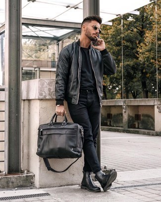 Black Leather Bomber Jacket Outfits For Men: When the situation permits a casual outfit, team a black leather bomber jacket with black jeans. On the fence about how to complement your outfit? Wear a pair of black leather chelsea boots to turn up the style factor.