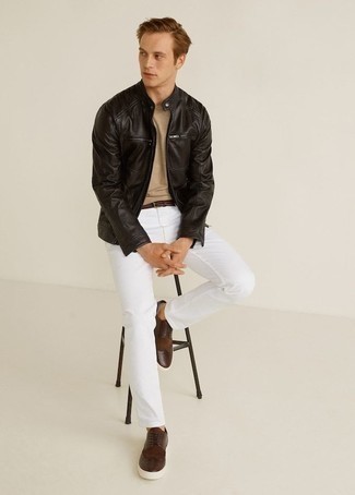 Men's Black Leather Bomber Jacket, Tan Crew-neck T-shirt, White Jeans, Dark Brown Leather Brogues