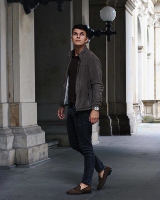 Charcoal Bomber Jacket Outfits For Men: This is solid proof that a charcoal bomber jacket and navy jeans look awesome when combined together in a casual ensemble. Go ahead and add dark brown suede tassel loafers to your getup for a dash of class.