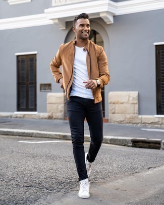 Men's Brown Suede Bomber Jacket, White Crew-neck T-shirt, Black Jeans, White Canvas Low Top Sneakers