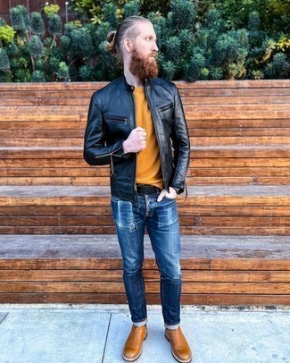 Brown Knit Crew-neck T-shirt Outfits For Men: Choose a brown knit crew-neck t-shirt and navy embroidered jeans to pull together a really sharp and laid-back ensemble. Introduce brown leather chelsea boots to the mix to avoid looking too casual.