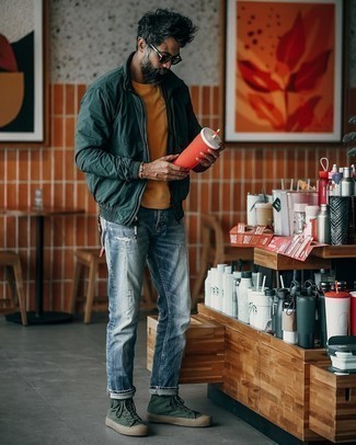 Dark Green Sneakers Outfits For Men: Try teaming a dark green bomber jacket with blue ripped jeans if you're after a look idea for when you want to look casual and cool. Here's how to tone it down: dark green sneakers.