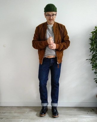 Men's Brown Suede Bomber Jacket, Grey Crew-neck T-shirt, Navy Jeans, Black Leather Casual Boots