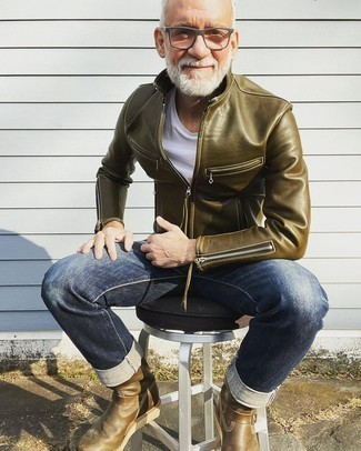 Men's Olive Leather Bomber Jacket, White Crew-neck T-shirt, Navy Jeans, Brown Leather Chelsea Boots