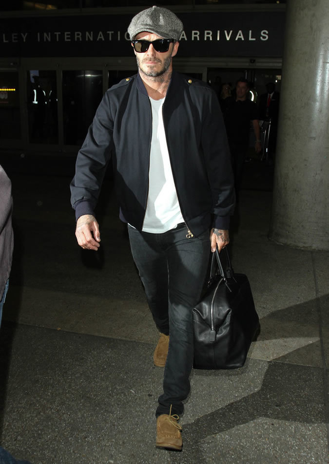 David Beckham wearing Black Bomber Jacket, White Crew-neck T-shirt