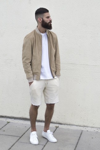 Brand Suede Bomber Jacket In Stone
