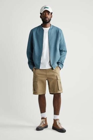 Men's Light Blue Bomber Jacket, White Crew-neck T-shirt, Tan Shorts, Brown Canvas High Top Sneakers