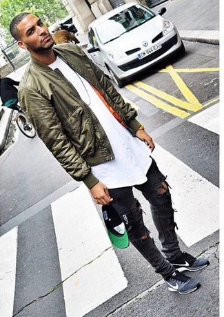 Men's Olive Bomber Jacket, White Crew-neck T-shirt, Charcoal Ripped Skinny Jeans, Grey Suede Athletic Shoes