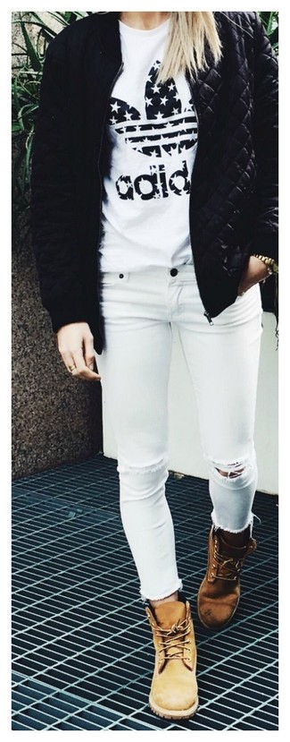 Women's Black Quilted Bomber Jacket, White and Black Print Crew-neck T-shirt, White Ripped Skinny Jeans, Tan Nubuck Lace-up Flat Boots