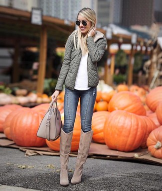 Beige Suede Knee High Boots Outfits: Perfect the casually stylish ensemble by opting for an olive quilted bomber jacket and grey skinny jeans. Feeling brave? Mix things up by sporting beige suede knee high boots.