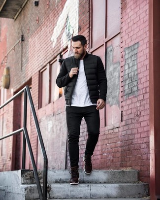 Black Leather Backpack Outfits For Men: This casual pairing of a black quilted bomber jacket and a black leather backpack couldn't possibly come across other than devastatingly dapper. Dial up the formality of this ensemble a bit by slipping into dark brown leather casual boots.