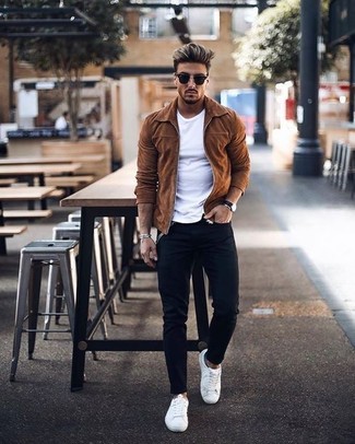 Dark Brown Suede Bomber Jacket Outfits For Men: For a casual ensemble with a twist, consider teaming a dark brown suede bomber jacket with black skinny jeans. White leather low top sneakers are a good choice to round off your ensemble.