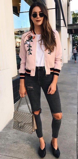 Beige Print Leather Crossbody Bag Outfits: A pink embroidered bomber jacket and a beige print leather crossbody bag are a nice pairing to carry you throughout the day. Finish with black leather mules to take things up a notch.
