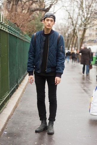 Men's Navy Quilted Bomber Jacket, Black Crew-neck T-shirt, Black Skinny Jeans, Black Leather Chelsea Boots