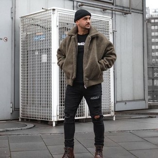 Men's Olive Fleece Bomber Jacket, Black and White Print Crew-neck T-shirt, Black Ripped Skinny Jeans, Dark Brown Leather Casual Boots