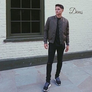 Dark Brown Satin Bomber Jacket Outfits For Men: A dark brown satin bomber jacket and black ripped skinny jeans are a wonderful combination worth incorporating into your off-duty styling lineup. All you need now is a nice pair of black athletic shoes to round off your ensemble.