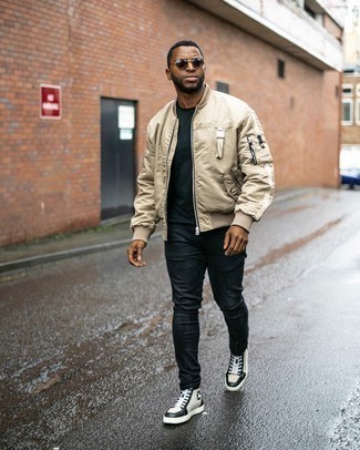 Men's Beige Satin Bomber Jacket, Black Crew-neck T-shirt, Black Skinny Jeans, White and Black Canvas High Top Sneakers