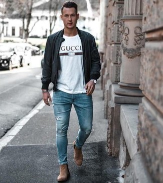 Men's Black Leather Bomber Jacket, White Print Crew-neck T-shirt, Blue Ripped Skinny Jeans, Brown Suede Chelsea Boots