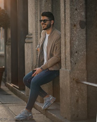 Men's Tan Suede Bomber Jacket, White Crew-neck T-shirt, Navy Skinny Jeans, Grey Athletic Shoes