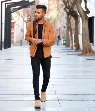 Tobacco Suede Bomber Jacket Outfits For Men: If you would like take your casual style to a new level, opt for a tobacco suede bomber jacket and black skinny jeans. Amp up the dressiness of your outfit a bit by slipping into a pair of tan suede chelsea boots.