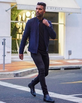 Navy Bomber Jacket Outfits For Men: This is indisputable proof that a navy bomber jacket and black skinny jeans are amazing when teamed together in a relaxed casual outfit. Ramp up the dressiness of this ensemble a bit with a pair of navy leather chelsea boots.