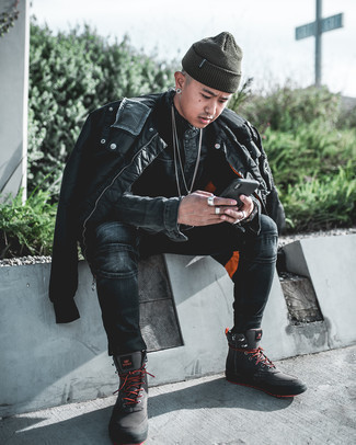 Black Bomber Jacket Chill Weather Outfits For Men: A black bomber jacket and charcoal skinny jeans are an easy way to introduce extra cool into your day-to-day casual arsenal. Puzzled as to how to round off? Add a pair of charcoal canvas work boots to this look to switch things up.
