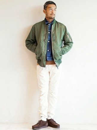 Men's Olive Satin Bomber Jacket, Navy Denim Jacket, Tan Turtleneck, White Jeans