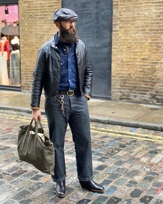 Leather Jacket with Denim Shirt Outfits For Men: A leather jacket and a denim shirt are a combination that every modern guy should have in his off-duty wardrobe. Black leather chelsea boots are guaranteed to give a hint of refinement to this getup.
