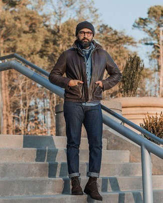 Bandana Outfits For Men: A dark brown leather bomber jacket and a bandana are a good getup worth having in your current collection. Complement your look with dark brown suede brogue boots to easily step up the fashion factor of this outfit.