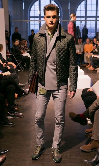 Men's Olive Quilted Bomber Jacket, Grey Double Breasted Blazer, Grey Gingham Wool Dress Pants, Dark Green Athletic Shoes