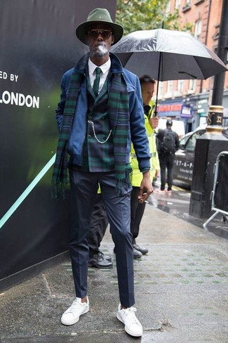 Green Tie Outfits For Men: A blue suede bomber jacket and a green tie are a wonderful pairing that will earn you the proper amount of attention. For something more on the daring side to complement this look, add white leather low top sneakers to this look.