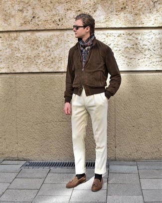 Men's Brown Suede Bomber Jacket, White Dress Pants, Tan Suede Tassel Loafers, Multi colored Print Scarf