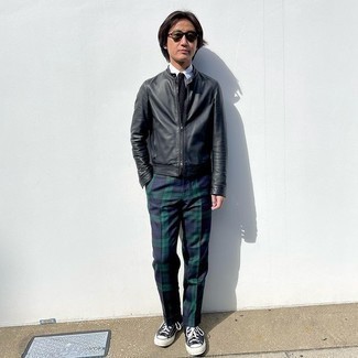 Men's Black Leather Bomber Jacket, White Dress Shirt, Navy and Green Plaid Chinos, Black and White Canvas Low Top Sneakers