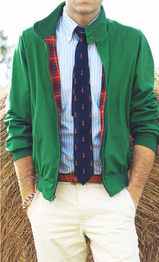 Men's Green Bomber Jacket, Light Blue Vertical Striped Dress Shirt, White Chinos, Navy Print Tie