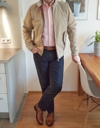Men's Beige Bomber Jacket, Pink Dress Shirt, Navy Chinos, Brown Leather Oxford Shoes
