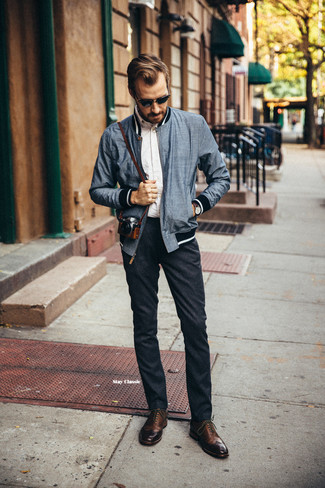 Grey Bomber Jacket Outfits For Men: We're loving the way this pairing of a grey bomber jacket and charcoal wool dress pants instantly makes men look elegant and dapper. Complete this outfit with dark brown leather brogues et voila, the getup is complete.