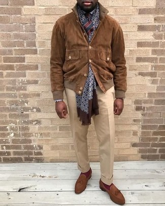 Navy Silk Scarf Outfits For Men: If you're a fan of comfort dressing when it comes to fashion, you'll love this street style combination of a brown suede bomber jacket and a navy silk scarf. A trendy pair of brown suede tassel loafers is a simple way to punch up your look.